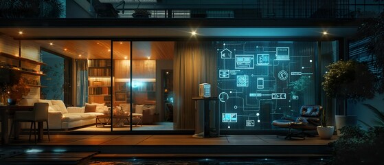 smart home interior with AI-powered control panel interface holographically projected over a cozy living room, blending modern living with advanced technology