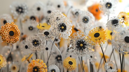   A tight shot of a flower bouquet with yellow and white blooms at its heart, and black and white blossoms intermixed - obrazy, fototapety, plakaty