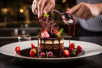 Experience the artistry of pastry-making firsthand as a talented chef works diligently in the busy kitchen of a renowned hotel  Generative AI, - obrazy, fototapety, plakaty