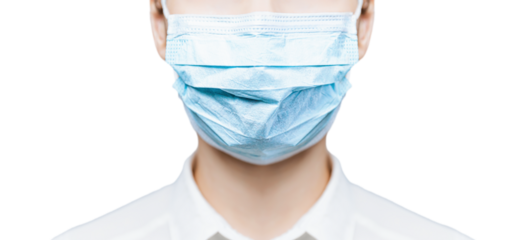 Transparent background. Girl doctor in protective mask from covida-19. Banner panorama of medical personnel in prophylactic coronavirus protective equipment. Woman in medical mask stopping 2019-ncov