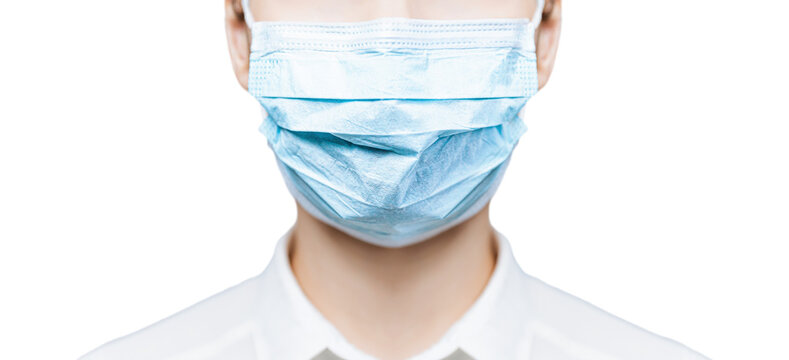 Transparent background. Girl doctor in protective mask from covida-19. Banner panorama of medical personnel in prophylactic coronavirus protective equipment. Woman in medical mask stopping 2019-ncov