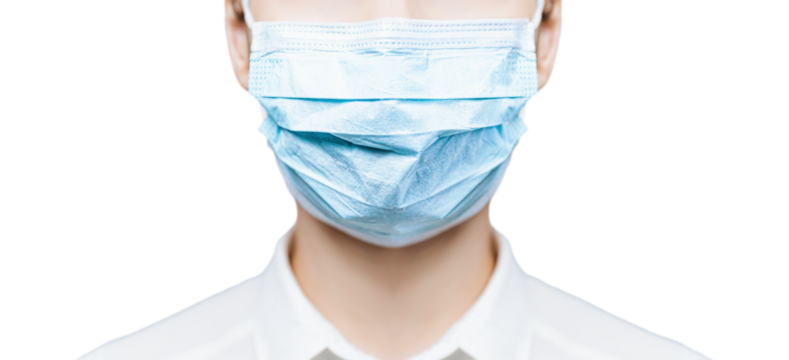 Transparent background. Girl doctor in protective mask from covida-19. Banner panorama of medical personnel in prophylactic coronavirus protective equipment. Woman in medical mask stopping 2019-ncov - Powered by Adobe