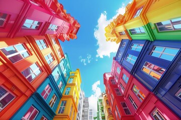 Colorful houses on a sunny day. 3d render illustration, Ai Generated