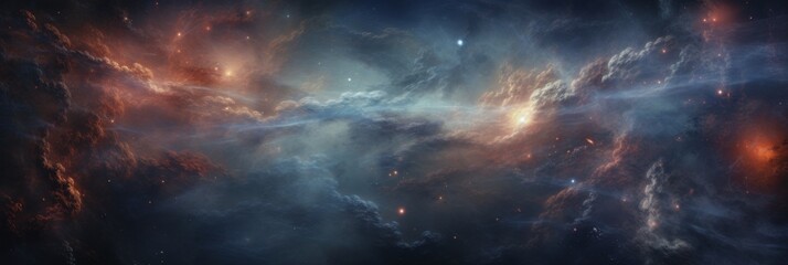 Majestic Nebula Clouds Illuminated by Starlight. Cosmic Landscape Background. Generative AI - obrazy, fototapety, plakaty