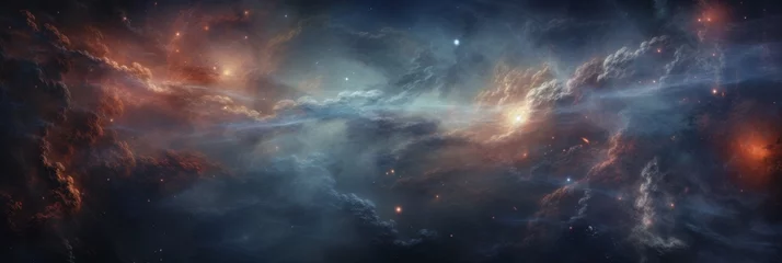 Poster Majestic Nebula Clouds Illuminated by Starlight. Cosmic Landscape Background. Generative AI © pibi37.studio