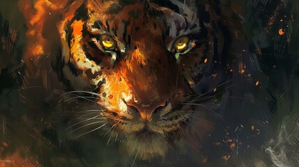Fierce tiger's face glares from a dark abyss, captivating the viewer with its intense gaze. - obrazy, fototapety, plakaty
