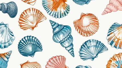 Hand-drawn seashells bring a touch of the ocean into your designs. Create eye-catching fabrics, prints, and patterns with these vibrant marine elements that will elevate any project.