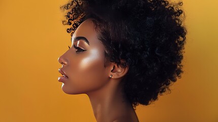 Fashion model with beautiful voluminous hair and healthy skin. Black afro american woman with luxurious updo haircut, waves and curls volume hairstyle. - obrazy, fototapety, plakaty
