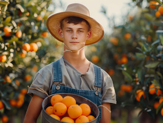 A young farmer bring a bucket of orange