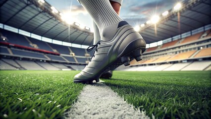 A soccer player is standing on a field, wearing white socks and cleats. The player's foot is positioned near the center of the image, with the ball visible below it. 