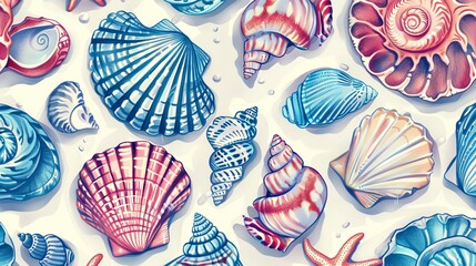 Hand-drawn seashells bring a touch of the ocean into your designs. Create eye-catching fabrics, prints, and patterns with these vibrant marine elements that will elevate any project. - obrazy, fototapety, plakaty