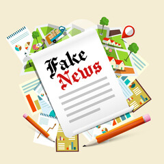 Fake news - hoax symbol with newspaper icon on map with pencils, vector
