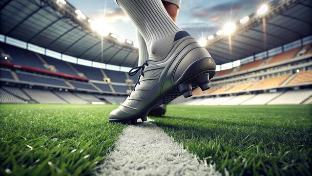 A soccer player is standing on a field, wearing white socks and cleats. The player's foot is positioned near the center of the image, with the ball visible below it. 