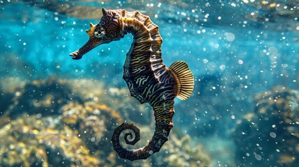 Hippocampus guttulatus, also known as the Mediterranean seahorse, is a type of seahorse found in the Mediterranean Sea. - obrazy, fototapety, plakaty