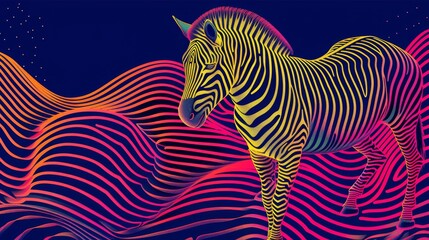 Fototapeta premium A zebra silhouetted against a mid-ground wave of neon hues, set against a black backdrop and a distant blue sky