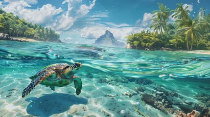 Immerse yourself in the serene beauty of a sea turtle's journey through crystal-clear waters, set against the backdrop of a majestic tropical island. - obrazy, fototapety, plakaty