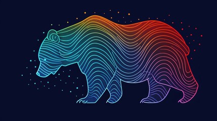 Fototapeta premium A bear against a dark backdrop, adorned with wavy rainbow-hued lines Above, a canopy of stars forming a rainbow arc
