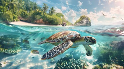 Immerse yourself in the serene beauty of a sea turtle's journey through crystal-clear waters, set against the backdrop of a majestic tropical island. - obrazy, fototapety, plakaty