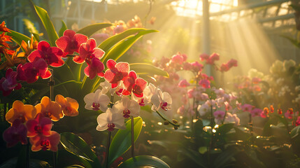 Orchids in a greenhouse bathed in sunlight