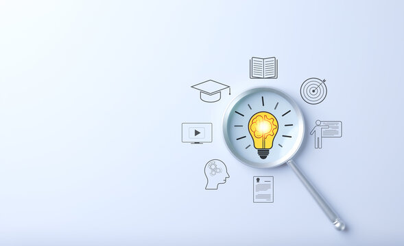 Educational growth and goal achievement concepts. Magnifying glass focuses on a light bulb representing ideas, surrounded by various education symbols. e-Learning, learning online, training course,