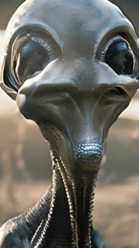 Close-up of an extraterrestrial face with large eyes. Alien portrait with a detailed look. Concept of extraterrestrial intelligence, science fiction, and close encounters. Motion. Vertical format
