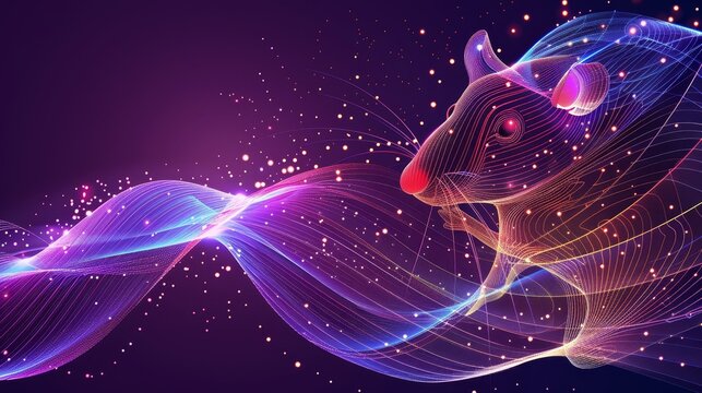  Mouse on purple backdrop, blue and pink elements forming shapes of lines and dots
