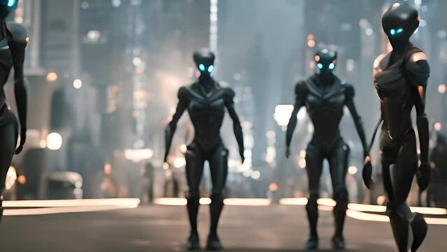 Alien figures in an illuminated urban setting. Extraterrestrial beings walking in a futuristic city. Concept of extraterrestrial life, urban exploration, sci-fi, and interstellar culture. Motion