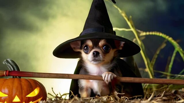 Chihuahua dressed as a witch with a broom and pumpkin. Small dog in Halloween costume. Concept of pet costumes, Halloween celebration, festive pets, and creative animal outfits. Motion