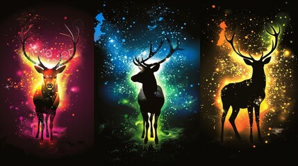   Three deer assembled, flanking a night sky brimming with stars