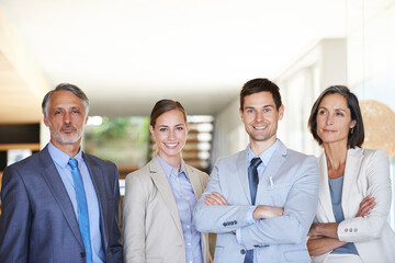 Portrait, women and men with pride in workplace for career, start up business and enterprise. Corporate people, teamwork and collaboration in office for workforce, professional and management.