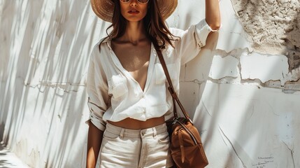 Modern and chic summer outfit featuring a tanned woman in linen shorts, a white shirt, a brown leather bag, and clear beige sunglasses. The warm colors highlight the classic summer style.