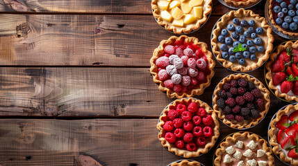 Diffrent summer colourful pies homemade with mix fresh berries. Healthy dessert breakfast on horizontal wooden background, top view, copy space. Bakery concept. Delicious fruit dessert. Fruit cake