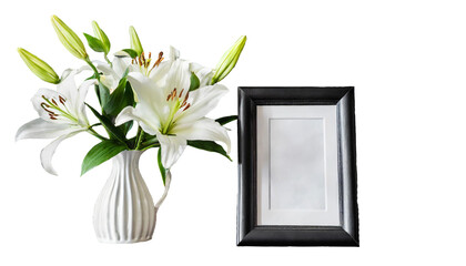 Frame with bouquet of white lilies against white background.