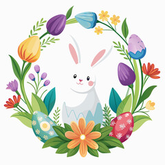Easter egg frame with bunny and spring flowers - tulip, hyacinth,
