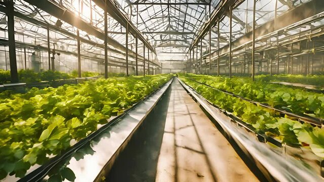 Hydroponic greenhouse full of lush green plants. Sunlit modern farming facility. Concept of sustainable agriculture, food production, and agricultural technology. Motion