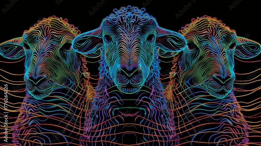Poster group of sheep adjacent, black backdrop with multicolored lined borders