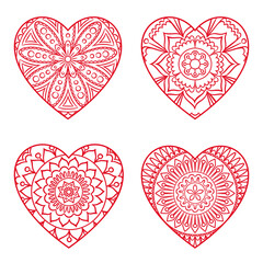 Doodle heart mandalas set. Outline floral design element in a heart shape. Png clipart isolated on transparent background - 776264208