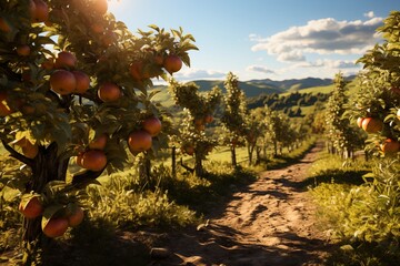 picture of a Ripe Apples in Orchard ready for harvesting, Morning shot. apple tree fields, trees with ripe apples, daytime photo, clouds, sun