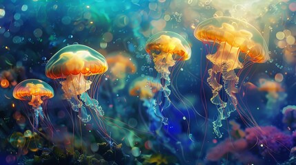 Luminous, ethereal jellyfish dance beneath the ocean's surface, their translucent bodies glowing with vibrant hues. - obrazy, fototapety, plakaty