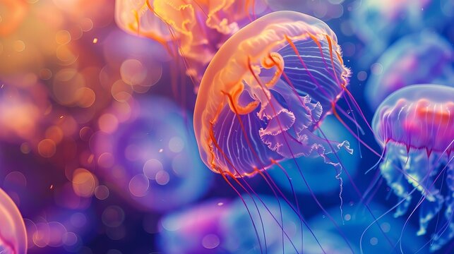 Luminous, ethereal jellyfish dance beneath the ocean's surface, their translucent bodies glowing with vibrant hues.