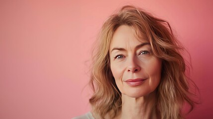 Fototapeta premium Mature woman with flawless skin looks at the camera. Close-up portrait of a healthy and beautiful middle-aged lady. Skincare and cosmetology concept.