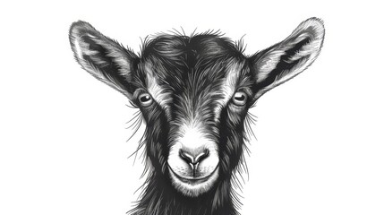   A tight shot of a goat's face next to its monochrome drawing counterpart