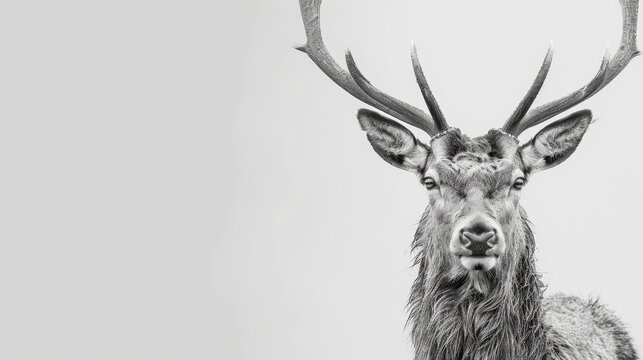   A black-and-white image of a deer featuring antlers on its head and not on its back