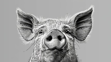Fototapeta premium A black-and-white image of a pig's expressive face, displaying sadness; its snout adding depth to the emotion