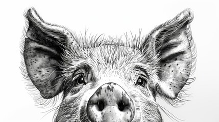 Fototapeta premium A black-and-white drawing of a pig's face with a sad expression and drooping ears