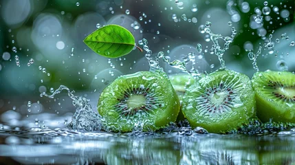 Poster   A cluster of kiwis submerged in water, one kiwi sporting a green leaf atop © Nadia