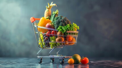 shopping cart full of fresh products, online food shopping concept generative ai - obrazy, fototapety, plakaty