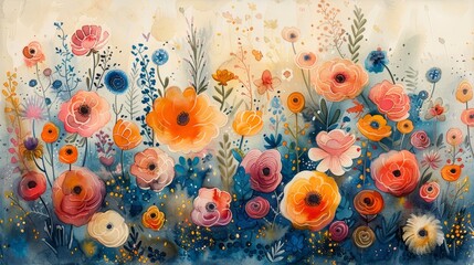  Blue and orange blooms in foreground, blue sky in background - obrazy, fototapety, plakaty
