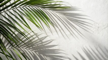 Obraz premium palm tree leaves, Palm leaves natural shadow overlay isolated on white textured wall. Background for product presentation, backdrop and mockup