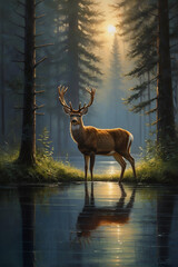 Deer against the background of forest and river